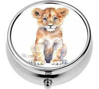 Mini Portable Pill Case Box for Purse Vitamin Medicine Metal Small Cute Travel Pill Organizer Container Holder Pocket Pharmacy Cute Lion Baby African Jungle Animal Watercolor