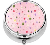 Mini Portable Pill Case Box for Purse Vitamin Medicine Metal Small Cute Travel Pill Organizer Container Holder Pocket Pharmacy Scattered Colorful Flowers and Leaves on a Pink Background Stock phot