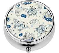 Mini Portable Pill Case Box for Purse Vitamin Medicine Metal Small Cute Travel Pill Organizer Container Holder Pocket Pharmacy Blue Space Butterfly Crystals Herbs Stars and Flowers