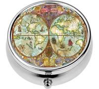 Mini Portable Pill Case Box for Purse Vitamin Medicine Metal Small Cute Travel Pill Organizer Container Holder Pocket Pharmacy World Atlas map Old Paper Continents Lands Old Ships