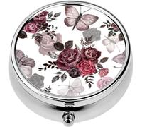 Mini Portable Pill Case Box for Purse Vitamin Medicine Metal Small Cute Travel Pill Organizer Container Holder Pocket Pharmacy Watercolor Vintage Style red and Burgundy Roses Butterflies White