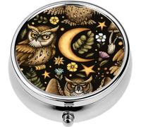 Mini Portable Pill Case Box for Purse Vitamin Medicine Metal Small Cute Travel Pill Organizer Container Holder Pocket Pharmacy Vintage Mystery owl Flowers and Fern Black