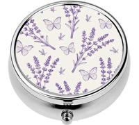 Mini Portable Pill Case Box for Purse Vitamin Medicine Metal Small Cute Travel Pill Organizer Container Holder Pocket Pharmacy Vintage Lavender Flowers and Butterflies