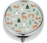 Mini Portable Pill Case Box for Purse Vitamin Medicine Metal Small Cute Travel Pill Organizer Container Holder Pocket Pharmacy Winter Christmas Forest Animals Deer Penguin Squirrel Rabbit Goose