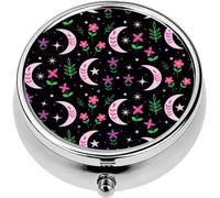 Mini Portable Pill Case Box for Purse Vitamin Medicine Metal Small Cute Travel Pill Organizer Container Holder Pocket Pharmacy Floral Boho Moon Pink and Purple Flowers Leaves and Stars