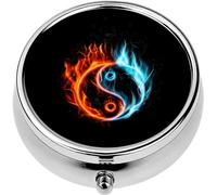 Mini Portable Pill Case Box for Purse Vitamin Medicine Metal Small Cute Travel Pill Organizer Container Holder Pocket Pharmacy Fire Burning Yin Yang Black