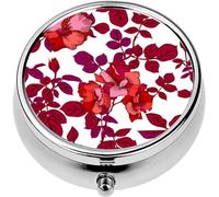 Mini Portable Pill Case Box for Purse Vitamin Medicine Metal Small Cute Travel Pill Organizer Container Holder Pocket Pharmacy Blossom Large red Roses Petals Buds and Leaves