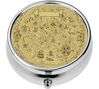 Mini Portable Pill Case Box for Purse Vitamin Medicine Metal Small Cute Travel Pill Organizer Container Holder Pocket Pharmacy Fantasy map Baroque Decorative Frame and Mythology Creatures