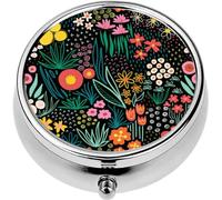 Mini Portable Pill Case Box for Purse Vitamin Medicine Metal Small Cute Travel Pill Organizer Container Holder Pocket Pharmacy Flower Field Bright Colors Black Repeating Liberty Doodle Flower