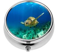 Mini Portable Pill Case Box for Purse Vitamin Medicine Metal Small Cute Travel Pill Organizer Container Holder Pocket Pharmacy Green sea Turtle Swimming Underwater