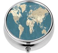 Mini Portable Pill Case Box for Purse Vitamin Medicine Metal Small Cute Travel Pill Organizer Container Holder Pocket Pharmacy World Map Vintage Political Detailed
