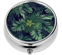 Mini Portable Pill Case Box for Purse Vitamin Medicine Metal Small Cute Travel Pill Organizer Container Holder Pocket Pharmacy Hand Drawn Botanical Exotic Green Palm