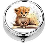 Mini Portable Pill Case Box for Purse Vitamin Medicine Metal Small Cute Travel Pill Organizer Container Holder Pocket Pharmacy Hand Painted Watercolor an Adorable Baby Cheetah a White Perfect Child