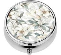 Mini Portable Pill Case Box for Purse Vitamin Medicine Metal Small Cute Travel Pill Organizer Container Holder Pocket Pharmacy Floral White Flowers Botanical Prints Fabric Design Wrapping Paper