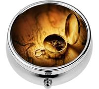 Mini Portable Pill Case Box for Purse Vitamin Medicine Metal Small Cute Travel Pill Organizer Container Holder Pocket Pharmacy Compass Old map The Caribbean