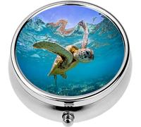 Mini Portable Pill Case Box for Purse Vitamin Medicine Metal Small Cute Travel Pill Organizer Container Holder Pocket Pharmacy Green sea Turtle Swimming Below The Surface