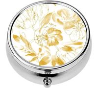 Mini Portable Pill Case Box for Purse Vitamin Medicine Metal Small Cute Travel Pill Organizer Container Holder Pocket Pharmacy Gold Tulips and Leaves