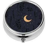 Mini Portable Pill Case Box for Purse Vitamin Medicine Metal Small Cute Travel Pill Organizer Container Holder Pocket Pharmacy Celestial Boho Magic Space Stars Crescent and Herbs