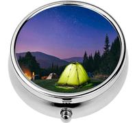 Mini Portable Pill Case Box for Purse Vitamin Medicine Metal Small Cute Travel Pill Organizer Container Holder Pocket Pharmacy Illuminated Green Tent Under Stars at Night Forest