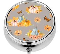 Mini Portable Pill Case Box for Purse Vitamin Medicine Metal Small Cute Travel Pill Organizer Container Holder Pocket Pharmacy Watercolor Autumn Handdrawn Orange Flowers Fall Leaves Pumpkins Butter