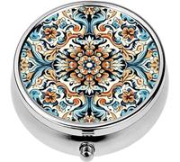 Mini Portable Pill Case Box for Purse Vitamin Medicine Metal Small Cute Travel Pill Organizer Container Holder Pocket Pharmacy Set Patterned azulejo Floor Tiles Abstract Geometric Mediterranean