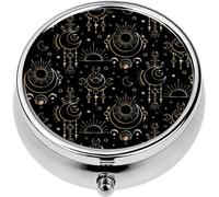 Mini Portable Pill Case Box for Purse Vitamin Medicine Metal Small Cute Travel Pill Organizer Container Holder Pocket Pharmacy Golden Moon Esoteric Contour Space Sacred Magic Stars and