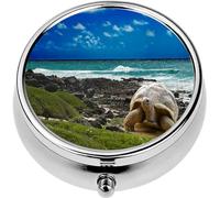 Mini Portable Pill Case Box for Purse Vitamin Medicine Metal Small Cute Travel Pill Organizer Container Holder Pocket Pharmacy Large Turtle at sea Edge Tropical Landscape