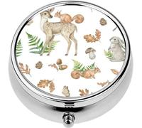 Mini Portable Pill Case Box for Purse Vitamin Medicine Metal Small Cute Travel Pill Organizer Container Holder Pocket Pharmacy Watercolor Forest Deer Rabbit Squirrel Butterfly Fern Pine Cone Leaves