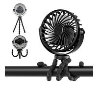 Mini Portable Pram Fan, Rechargeable Clip On Fan for Stroller with Night Light, 3 Speeds, 360° Rotate Flexible Tripod Cooling for Buggy, Pushchair, Car Seat, Travel Black