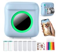 Mini Portable Printer for Smartphone, Wireless Thermal Printer with 7 Rolls Paper, Inkless Pocket Printer Bluetooth Smart Printer for Label Printing (Blue)