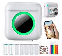 Mini Portable Printer for Smartphone, Wireless Thermal Printer with 7 Rolls Paper, Inkless Pocket Printer Bluetooth Smart Printer for Label Printing (White)