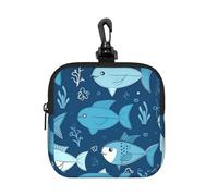 Mini Pouch with Carabiner, Neoprene Travel Makeup Bag with Zipper Tool Storage Pouch Cute Blue Fish Coin Purse Portable Earbud Case Waterproof Card Holder Wallet for Women Men