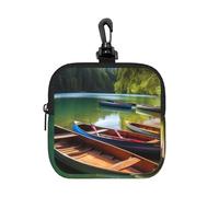Mini Pouch with Carabiner, Neoprene Travel Makeup Bag with Zipper Tool Storage Pouch Lake with Boats Canoes Park Coin Purse Portable Earbud Case Waterproof Card Holder Wallet for Women Men