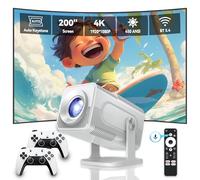Mini Projector 4K With Voice Control, 200” Protable Smart Projector 1920*1080p with 2 Wireless Controller, Home Cinema Video Projector Built-in 30000 Games Support IOS/Android/Windows/WiFi/Bluetooth