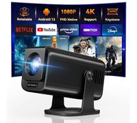 Mini Projector with WiFi and Bluetooth, Native 1080P Outdoor Portable Projector Built-in Apps, Auto Keystone, Android 13 OS, 270°Rotatable Stand, 4K Support Big Screen Home movie Proyector, Black