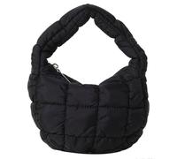 Mini Puffy Quilted Handbag Soft Puffer Tote Bag for Women Cute Wrist Bubble Bag Lightweight Nylon Clutch Purse, Black, M