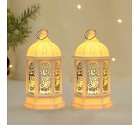 Mini Ramadan Candle Lantern Decorations for Centerpiece, Moroccan Style LED Eid Hanging Lantern Decorations for Home Halloween Wedding Christmas Table Decor (White-2Pcs)