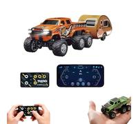 Mini RC Car, 1/64 rc car Mini Remote Control Monster Truck with Trailer, 2.4Ghz & APP Remote Control, Rechargeable Alloy Shell Cars with Lights, Speed/Steering Adjustable (Orange)