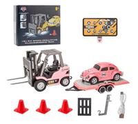 Mini RC Forklift, 1/64 Scale 2.4G Full-Proportional Remote Control Forklift with Trailer, Cargo Hook, Forks and Pallet, Max10KM/h, Gifts for Teens and Adult (Pink)
