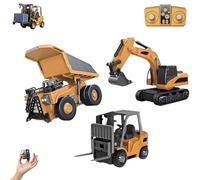 Mini Rechargeable Remote Control Construction Vehicles Set, RC Building Toy 1/64 scale with Realistic Lights, Sounds, Pocket Dump Truck, Excavator & Forklift (3 pcs set)