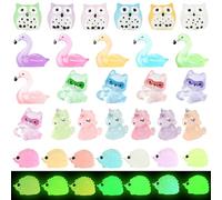 Mini Resin Animals, 30 Pcs Tiny Luminous Resin Animals Mixed, Owl Flamingo Hedgehog Small Plastic Animal Figures, Glow in the Dark for Potted Micro Landscape Fairy Garden Aquarium Dollhouse Decor