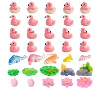 Mini Resin Cartoon Flamingo Decor Set- 35-Piece Tiny Aquarium Ornaments with Lily Pads, Lotus Flowers, Fish & Rocks for Dollhouse, Fairy Garden, Plastic Cute Animals for DIY Crafts