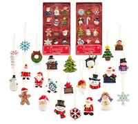 Mini Resin Christmas Ornaments Set of 24 - Rustic Christmas Decorations - Small Miniature Christmas Tree Ornaments - Santa Snowman Gingerbread Angel - Tiny Christmas Tree Decorations With Gift Box!