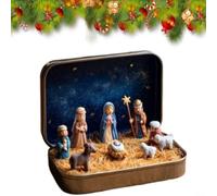 Mini Resin Nativity Set In Sturdy Tin Box, Perfect For Holiday Decoration, Featuring Portable Design And Figurines Of Holy Family And Sheep