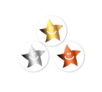 Mini reward smiley star stickers in gold, silver and bronze. 540 x 10mm stickers per pack. 180 of each colour.