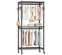 Mini Rolling Clothes Rack with Adjustable Metal Wire Shelving, Heavy Duty Clothing Rack for Hanging Clothes, Portable Closet with Wheels Side Hooks, Freestanding Closet Wardrobe, Black