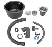Mini round stainless steel kitchen sink, single bowl with drain fittings, black
