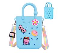 Mini Rubber Tote Bag, EVA Waterproof Beach Tote for Little Girls and Woman, Silicone Hole Small Beach Tote for Travel Outdoor, Cute Rubber Beach Bag with 20 Charms & Adjustable Shoulder Strap