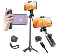 Mini Selfie Stick Tripod， 4-in-1 Desktop Phone Tripod Stand with Detachable Wireless Remote for iPhone Samsung Portable Extendable Smartphone Selfie Stick for Travel,Content Creation,Vlog- Black