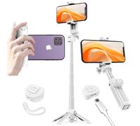 Mini Selfie Stick Tripod， 4-in-1 Desktop Phone Tripod Stand with Detachable Wireless Remote for iPhone Samsung Portable Extendable Smartphone Selfie Stick for Travel,Content Creation,Vlog- White